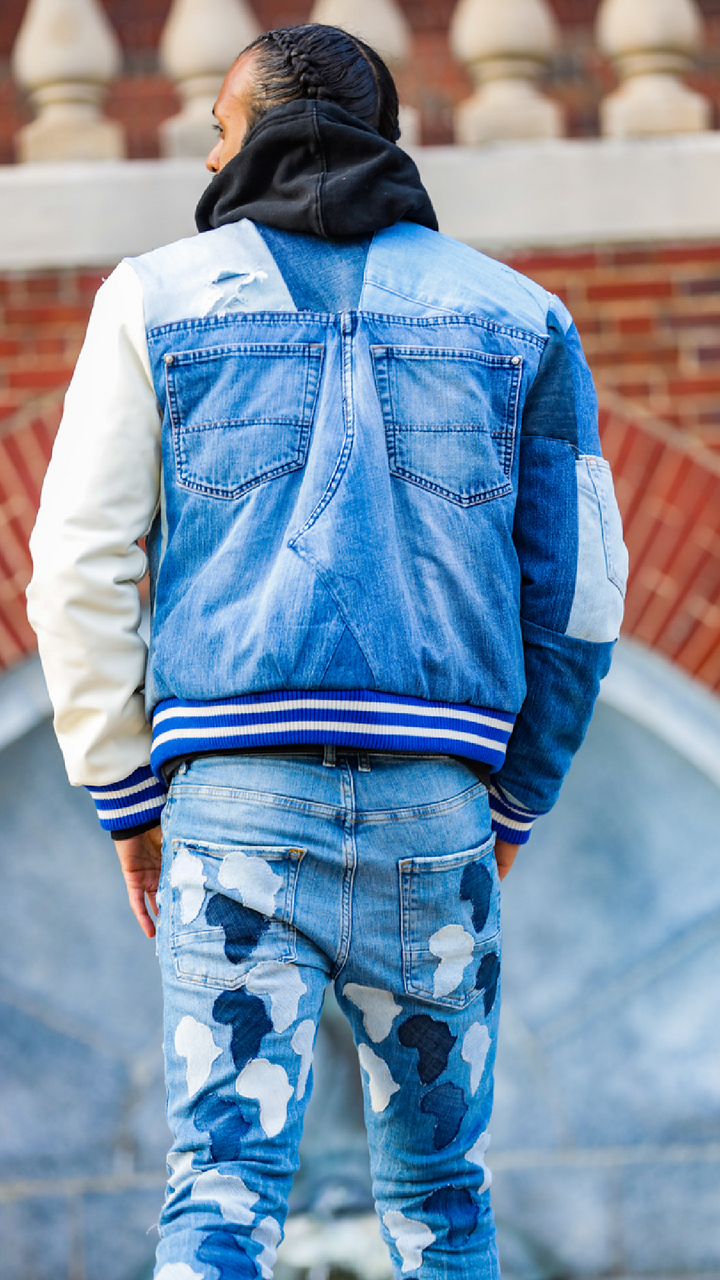 "Enwu Inju" Denim Patchwork Bomber Jacket - Afro Soca Love Supply